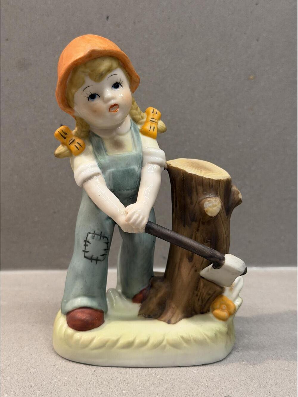 Vintage Taiwan Girl Chopping Wood Axe Tree Stump Ceramic Figurine 6”